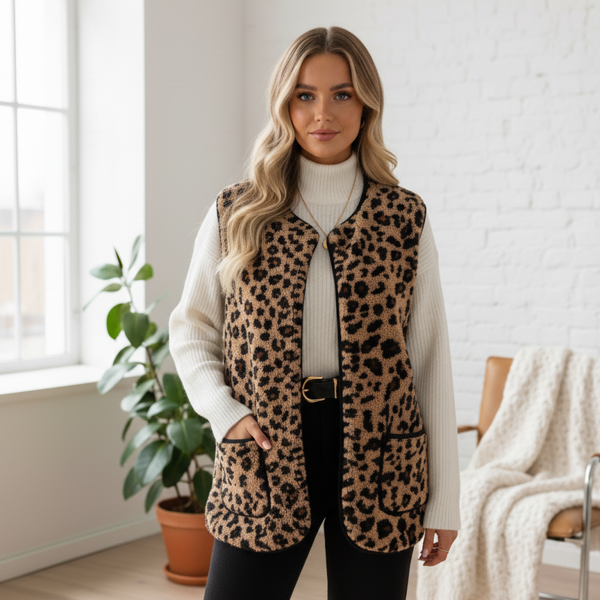 Gilet long femme léopard – Veste sans manches Streetwear