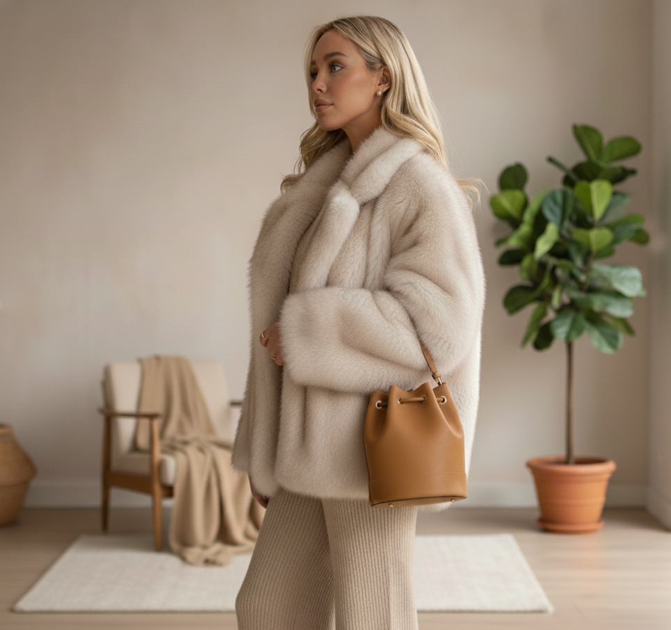 Manteau mi-long en fausse fourrure femme