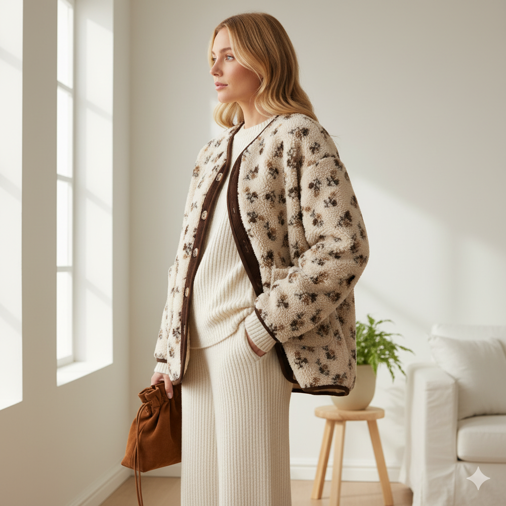 Veste polaire sherpa femme fleurie curry – confort, style et douceur au quotidien