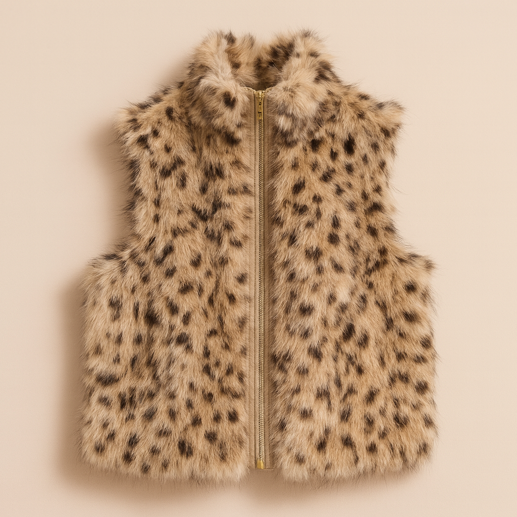 Gilet sans manches en fausse fourrure motif léopard beige pour femme, présenté sur fond beige